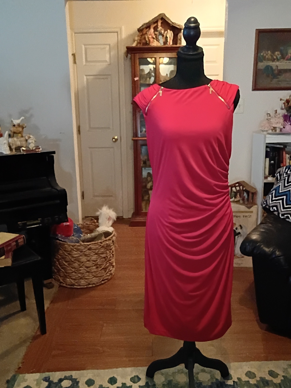 Cache Red Ruched Sleeveless Midi Dress with Gold Zipper Accents